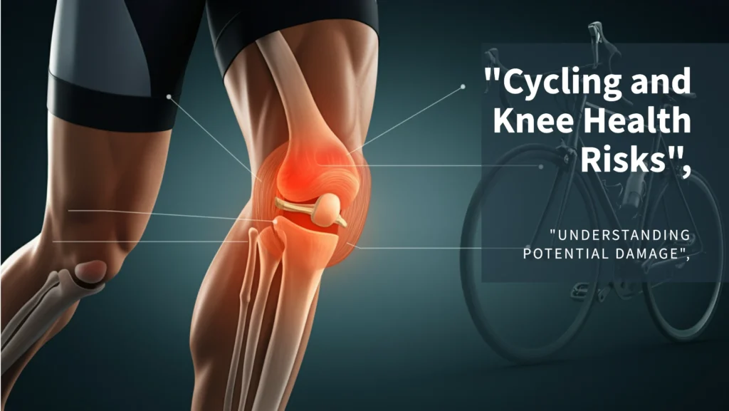 An illustration of a cyclist's knee with highlighted cartilage, showing areas of strain and potential damage, with a bicycle and knee anatomy diagram in the background.