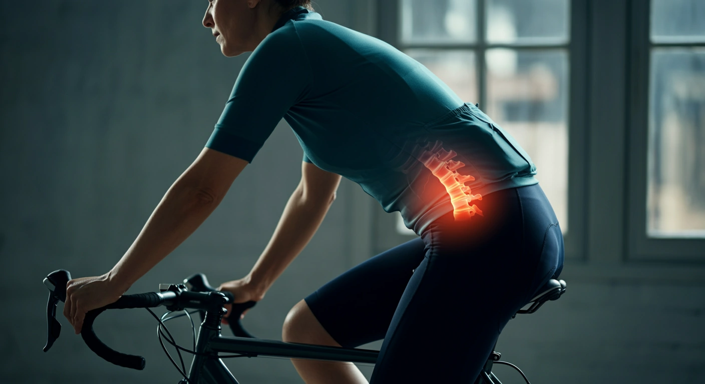 A cyclist focusing on proper posture and ergonomics to manage sciatica, with emphasis on the lower back and sciatic nerve area.