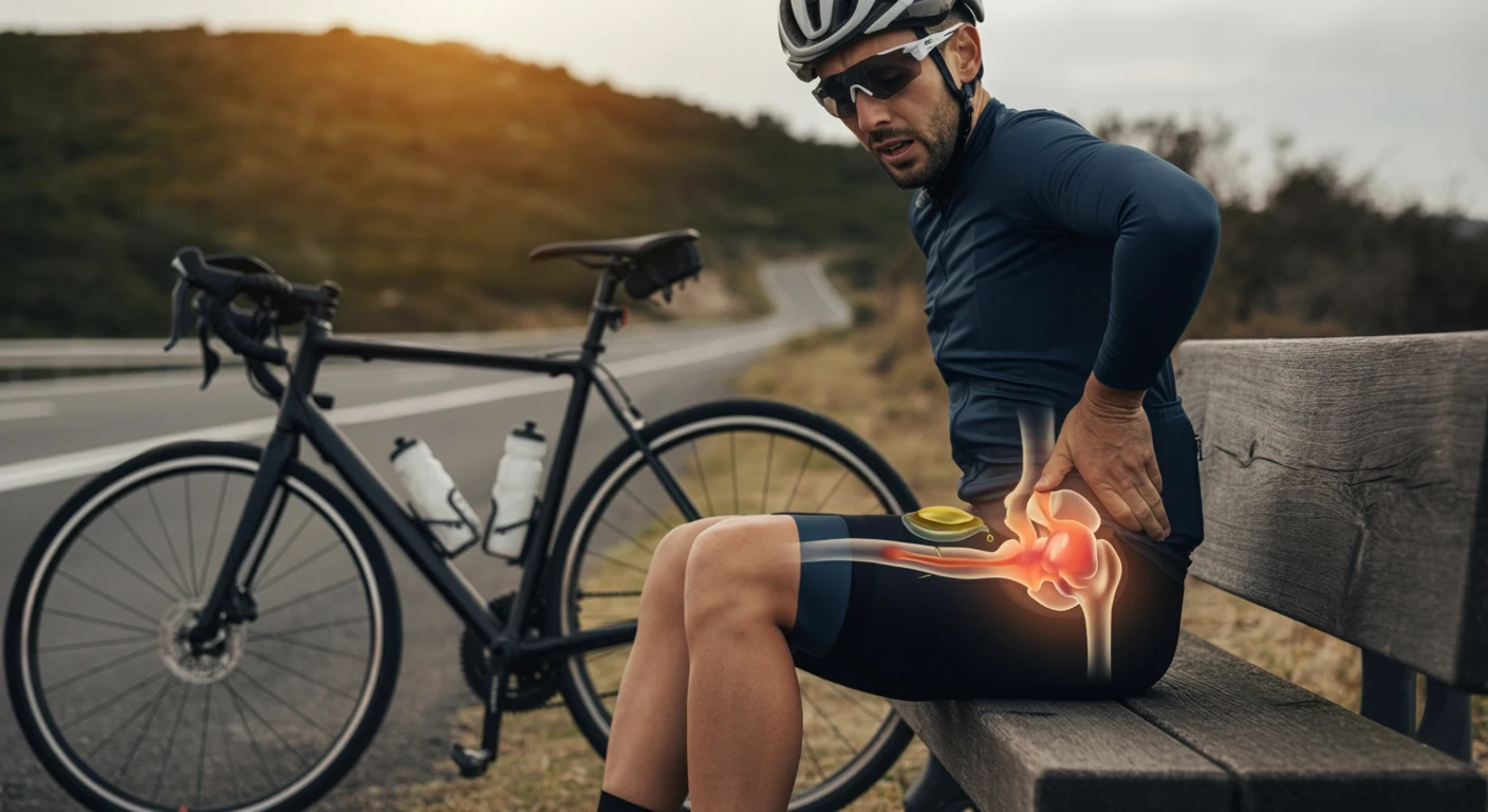 A cyclist seated on a bench, massaging their hip in pain after a ride, with an overlay diagram showing the hip joint and bursae to explain cycling-related hip bursitis.