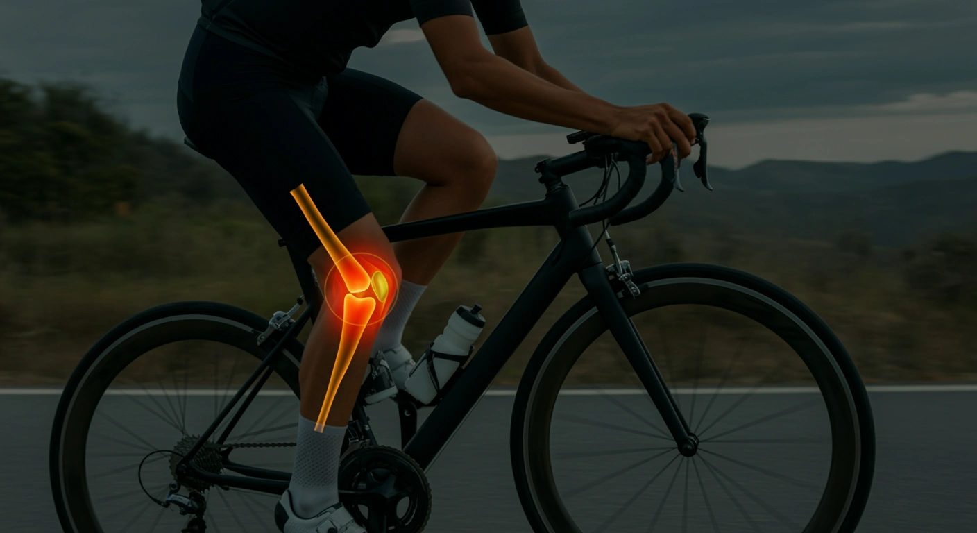 A cyclist pedaling with a highlighted knee joint and stress points overlay, illustrating the risks of improper cadence on knee cartilage.