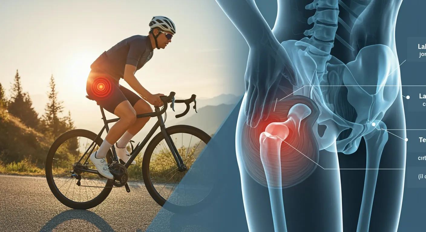 Cyclist experiencing pain from a labral tear in the hip joint, with a focus on the damaged cartilage and its impact on cycling.