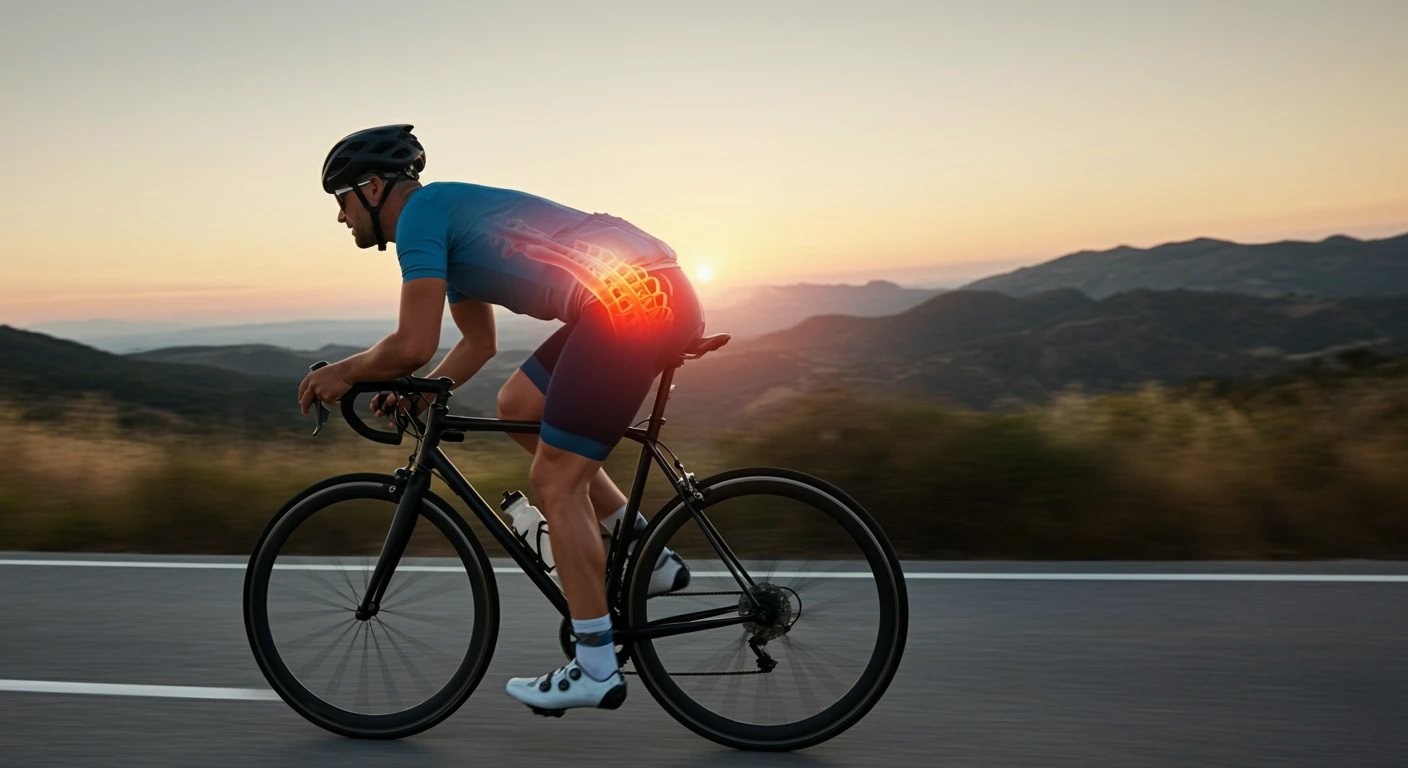 A cyclist showing discomfort while riding, representing the potential risks of cycling with sciatica, emphasizing posture and awareness.