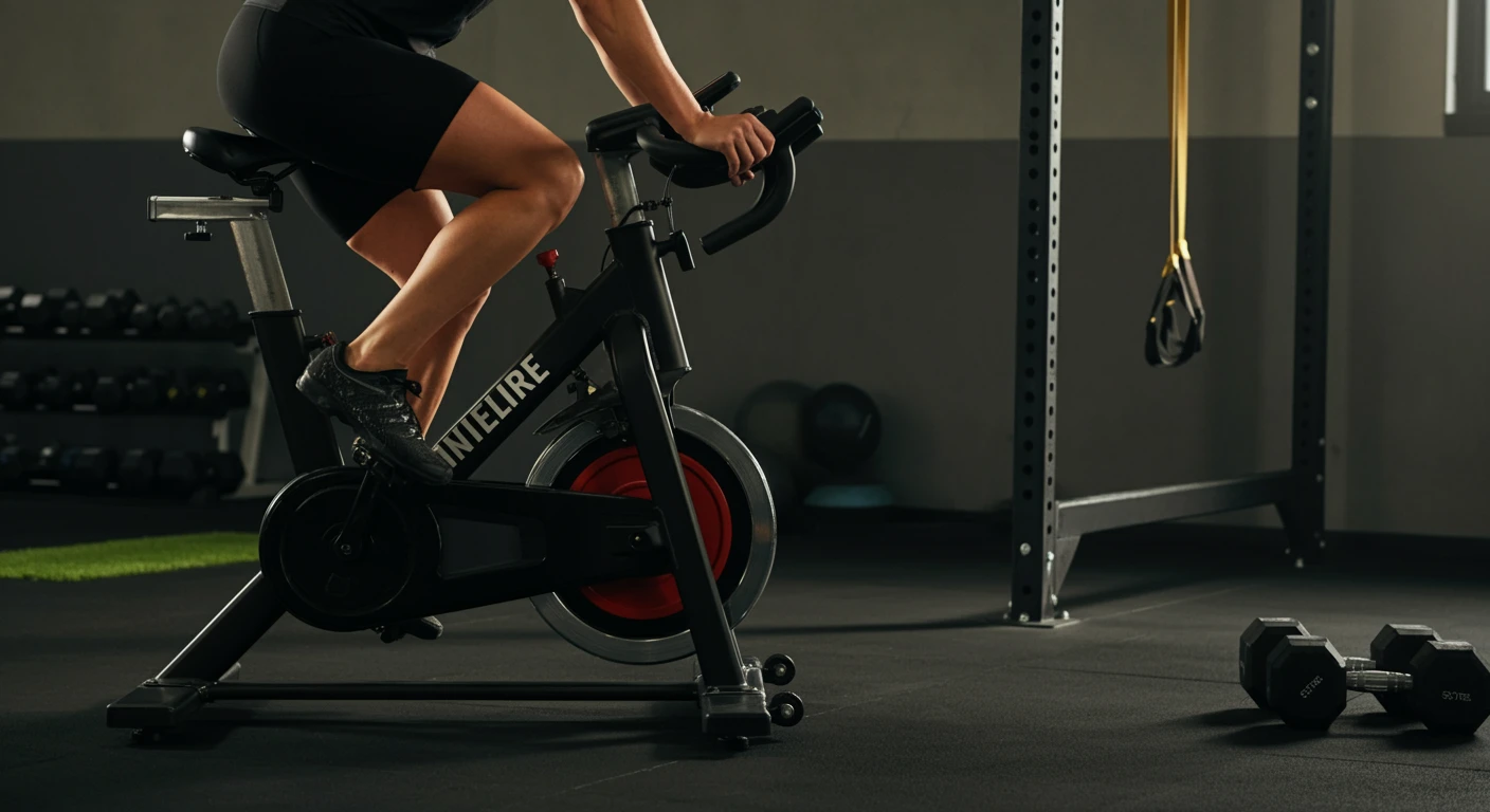 A cyclist performing leg workouts on a stationary bike in a gym setting, with workout equipment and a motivational atmosphere.