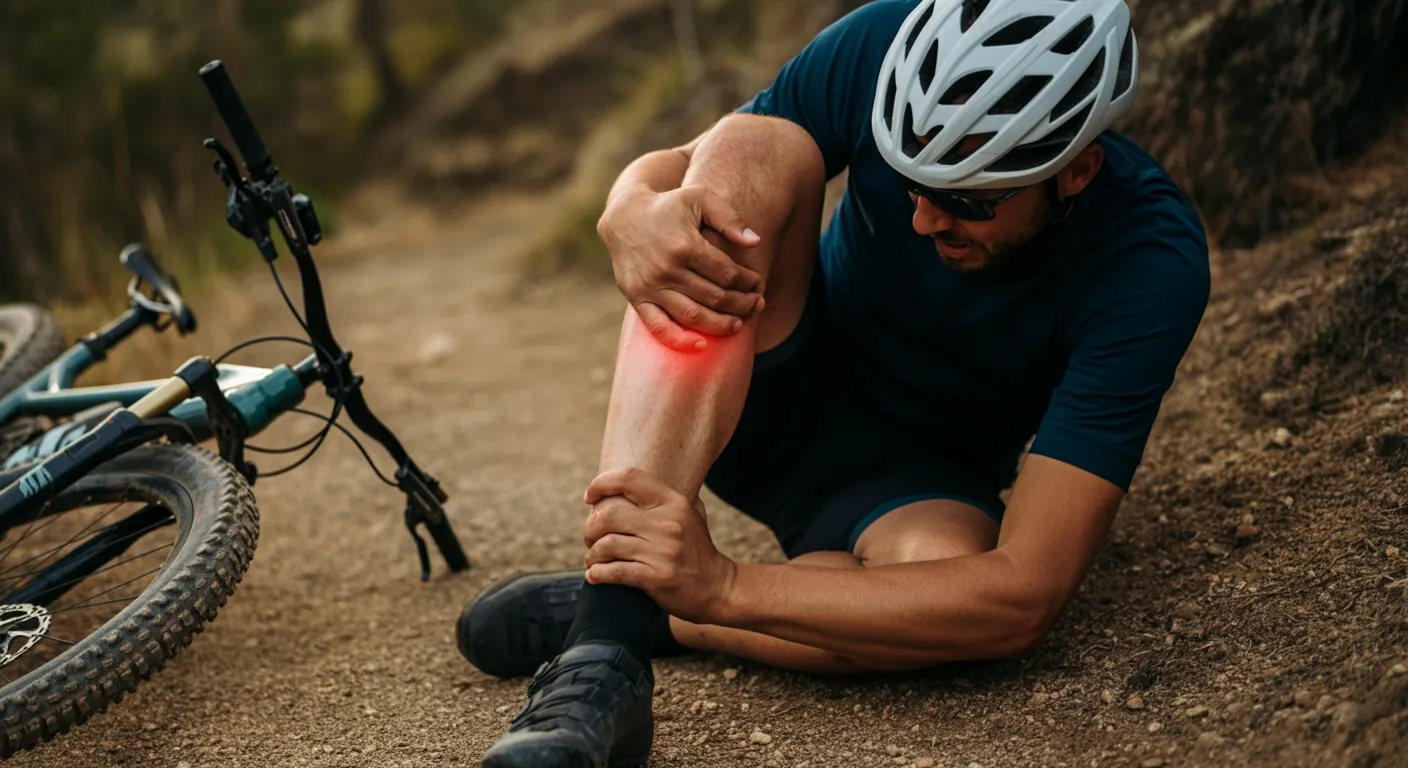 A cyclist sitting on a trail clutching their injured knee after a fall, with a bike lying nearby, highlighting the risk of direct knee impact during cycling.