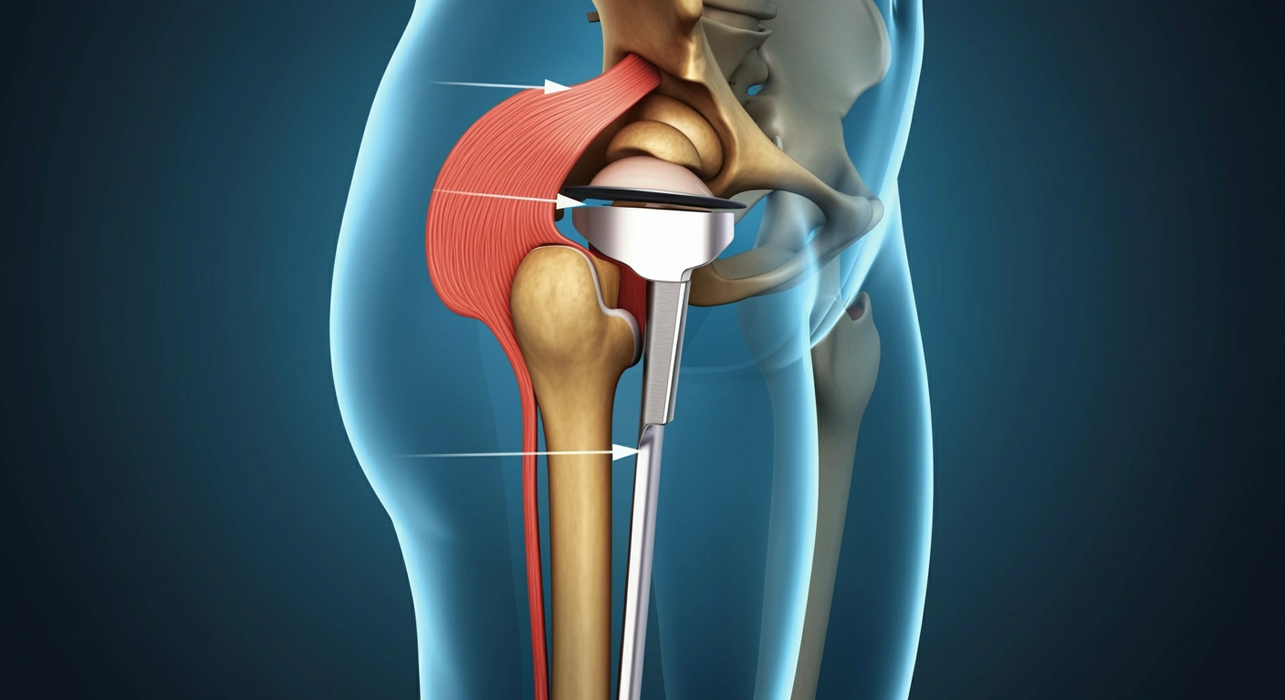 Medical diagram illustrating how excessive pressure from stationary biking early after hip replacement can lead to a dislodged hip prosthesis.