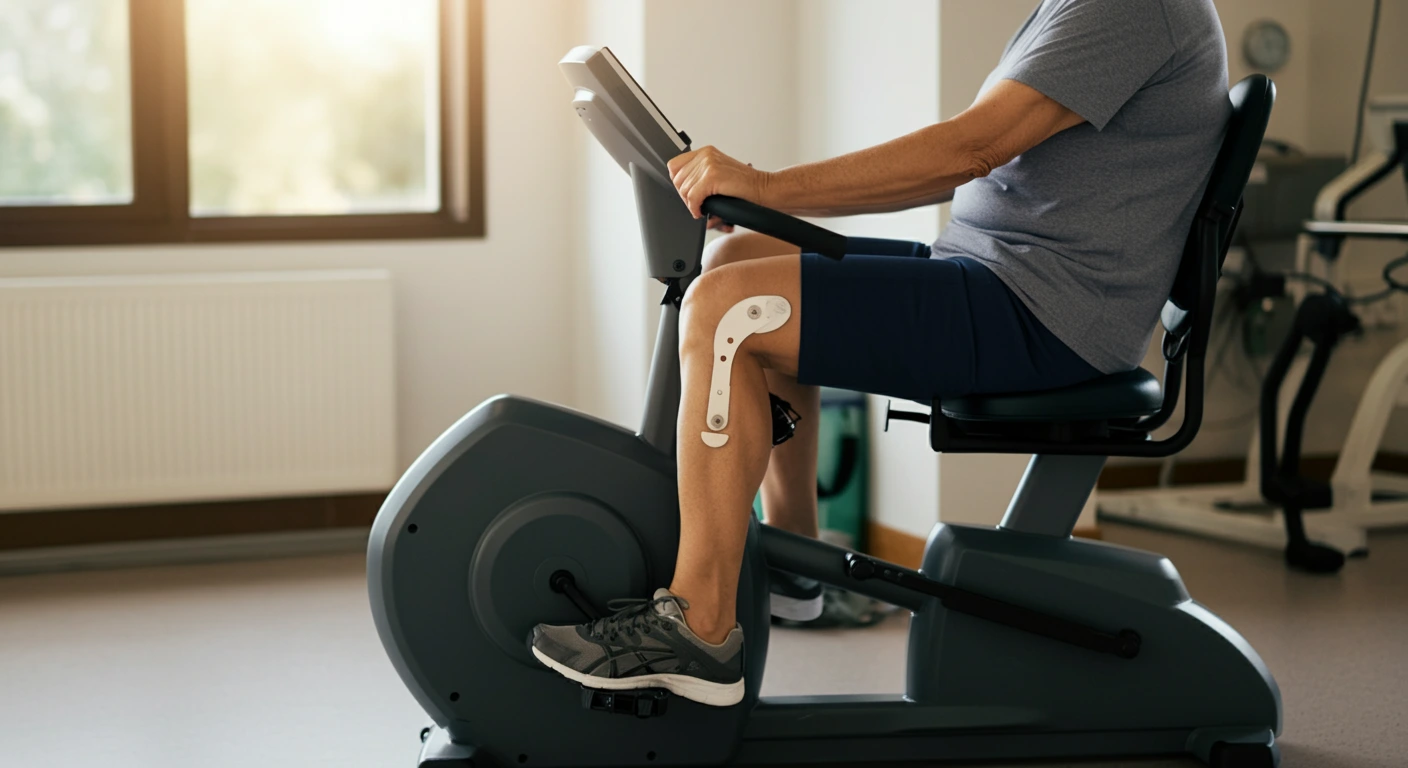 A person riding a recumbent exercise bike post-hip replacement surgery, highlighting its comfort and support for recovery.