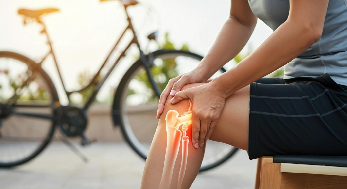 A person sitting and rubbing their knee, with a highlighted hip joint to demonstrate how hip bursitis can cause knee pain as a secondary symptom.