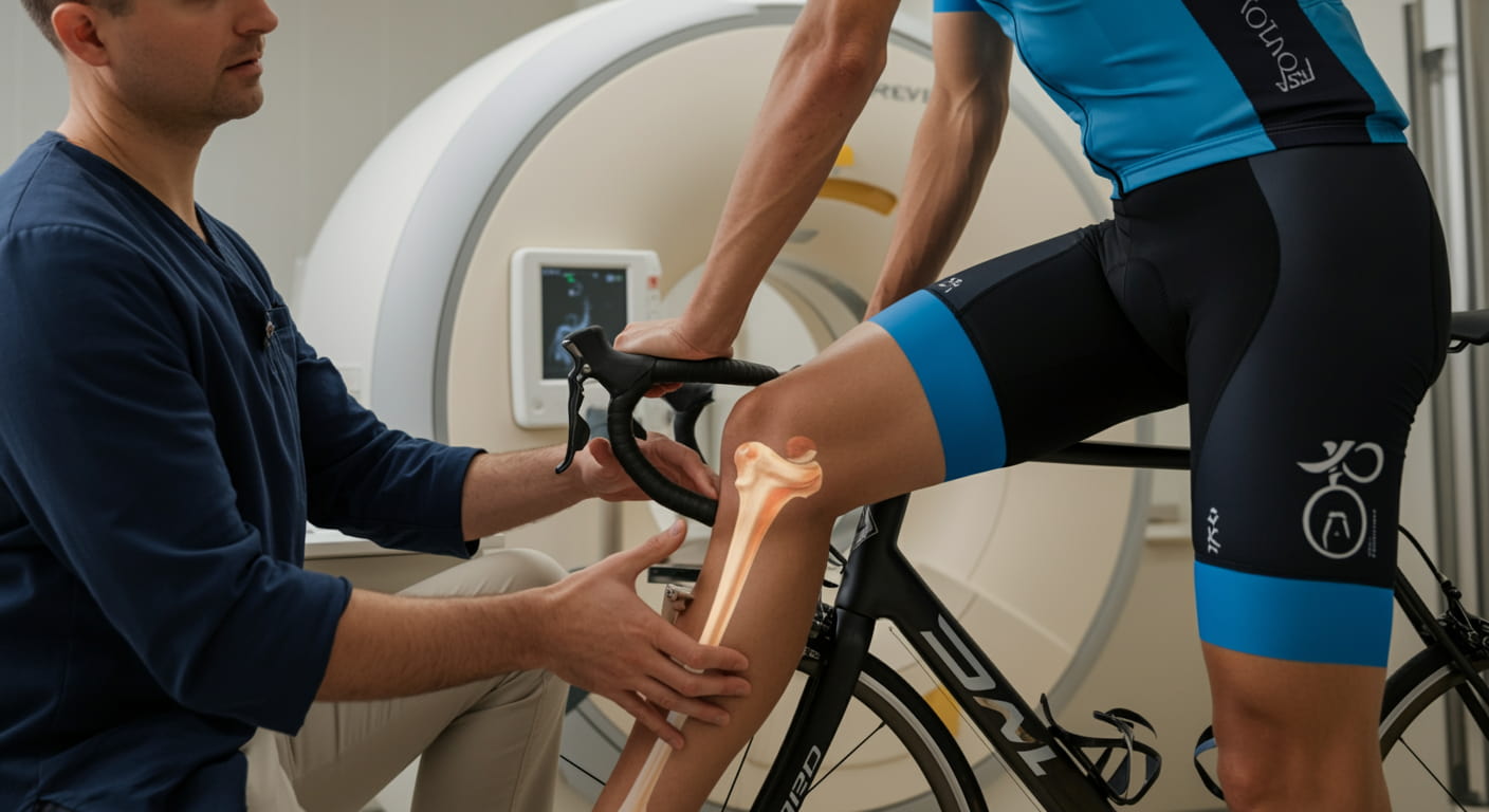 A medical professional examining a cyclist's knee in a clinic, with diagnostic tools like an MRI or X-ray machine in the background, highlighting the process of diagnosing knee cartilage damage.