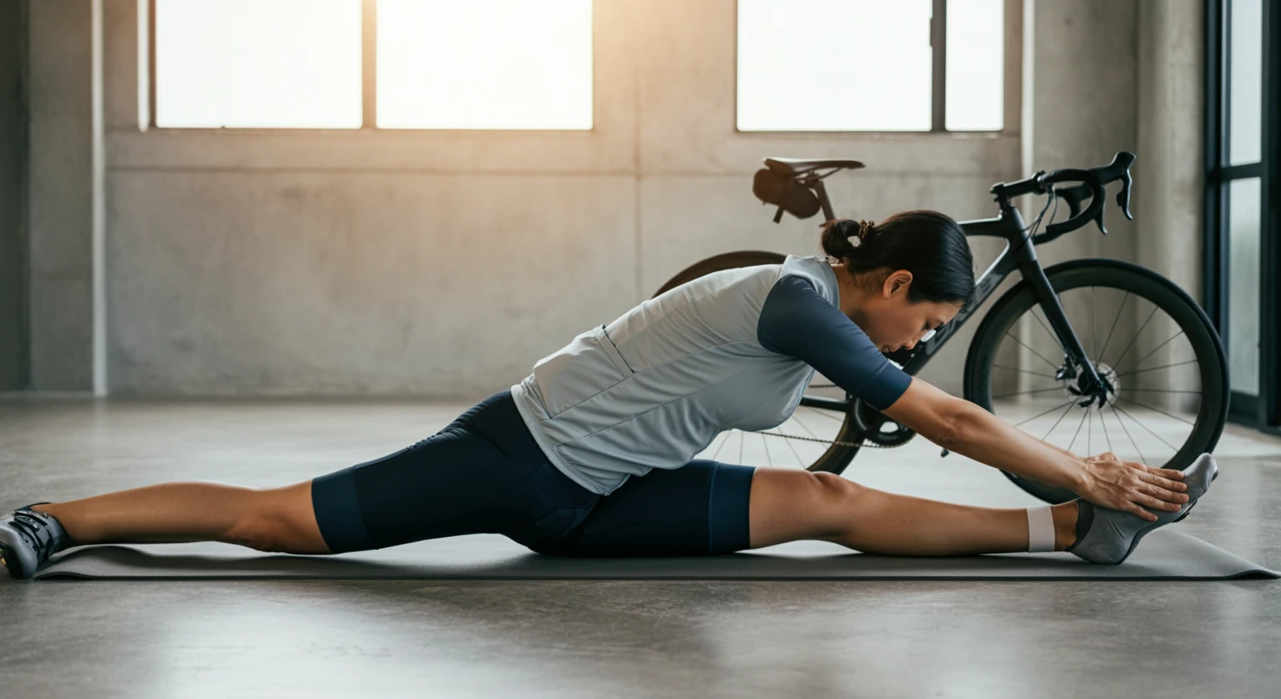 A cyclist doing gentle stretches on a mat, focusing on exercises to manage sciatica pain and enhance flexibility while cycling.