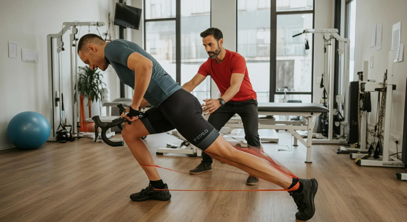 Physical therapist assisting a cyclist with hip-strengthening exercises to treat cycling-related hip injuries and improve mobility.