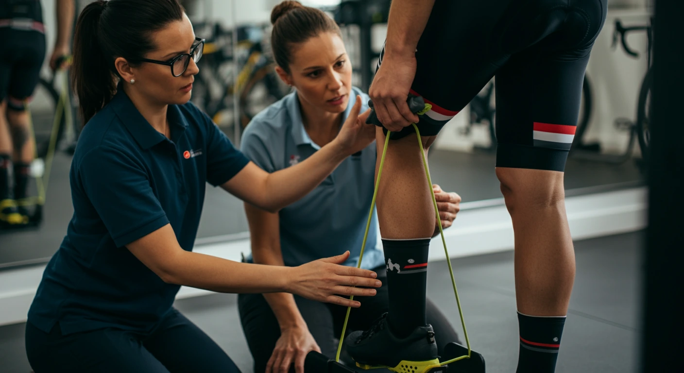 A physiotherapist assisting a cyclist with knee rehabilitation exercises, focusing on strengthening muscles around the knee to alleviate pain and stiffness.