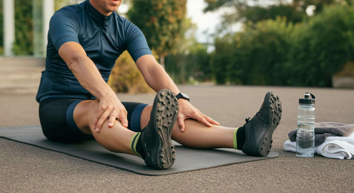 A cyclist stretching their quadriceps outdoors on a yoga mat, highlighting the importance of regular stretching to protect knee cartilage.