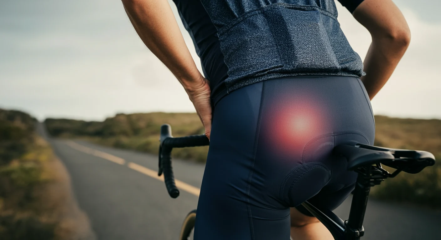 A cyclist experiencing pain in the outer hip while riding, with a focus on the hip area to highlight common signs and symptoms of cycling hip bursitis.