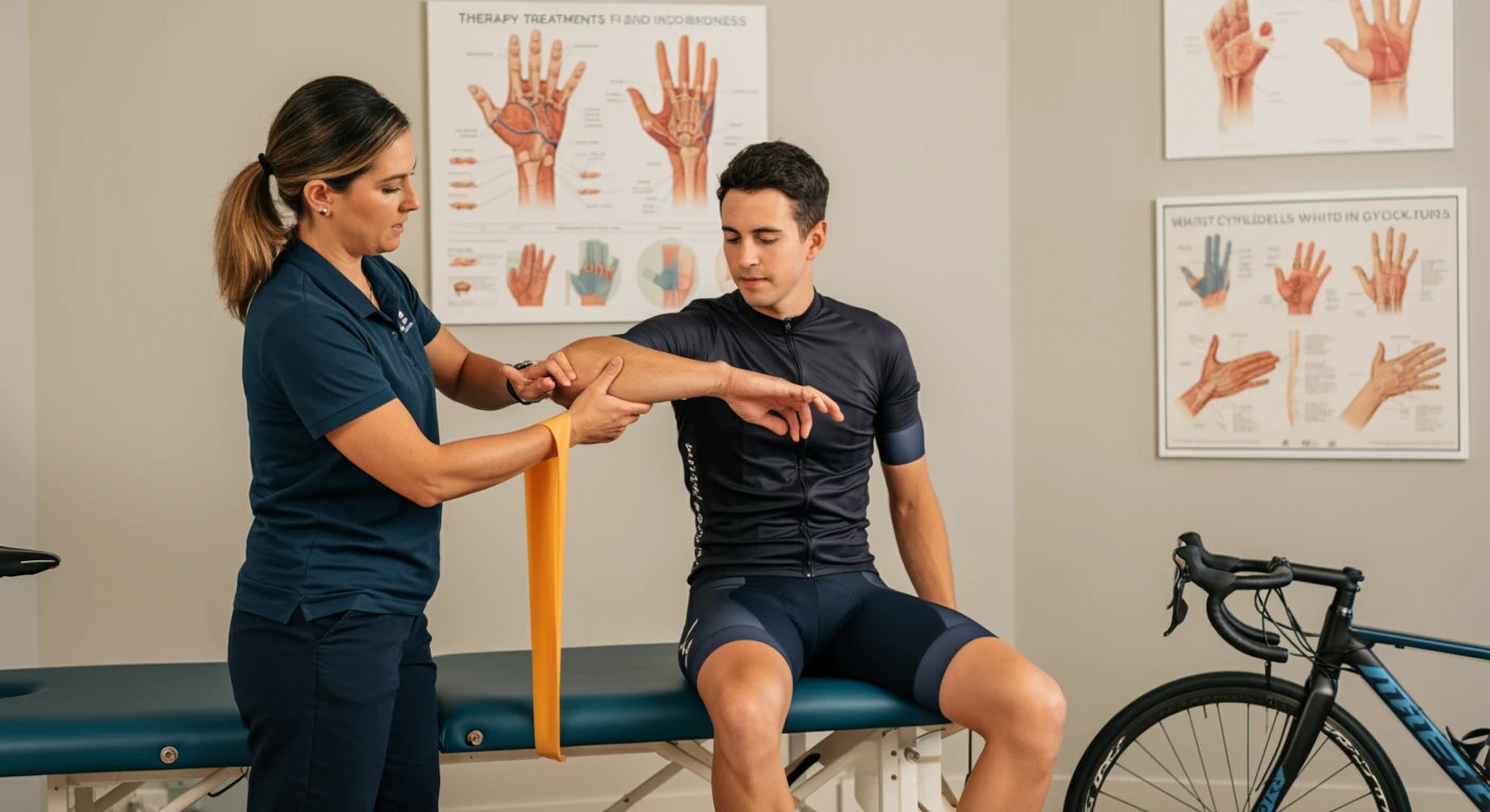 Cyclist receiving therapy treatments for hand numbness, with exercises guided by a therapist using props like stress balls and resistance bands.