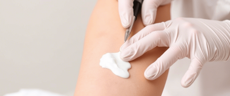 Person applying numbing cream to forearm before treatment