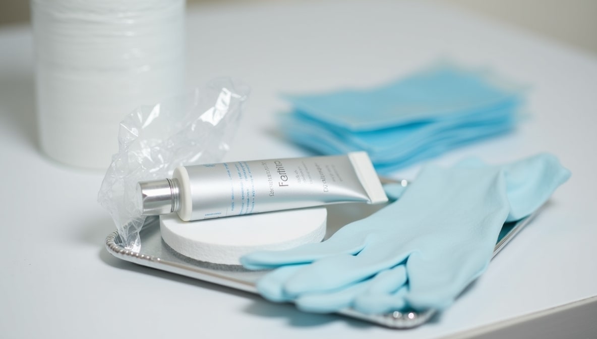 Supplies needed for using numbing cream including gloves and wrap
