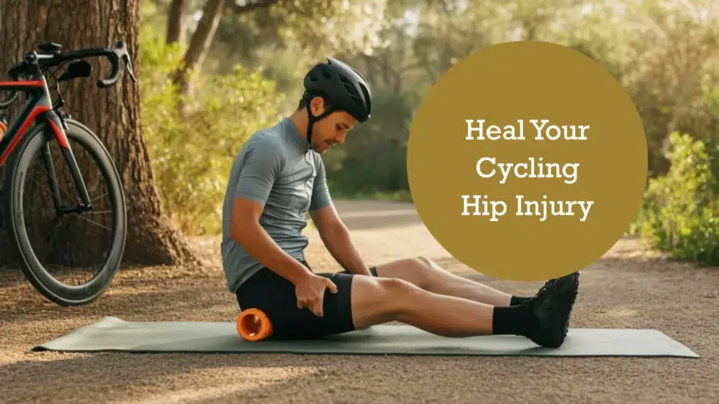 A cyclist holding their hip in pain from an injury