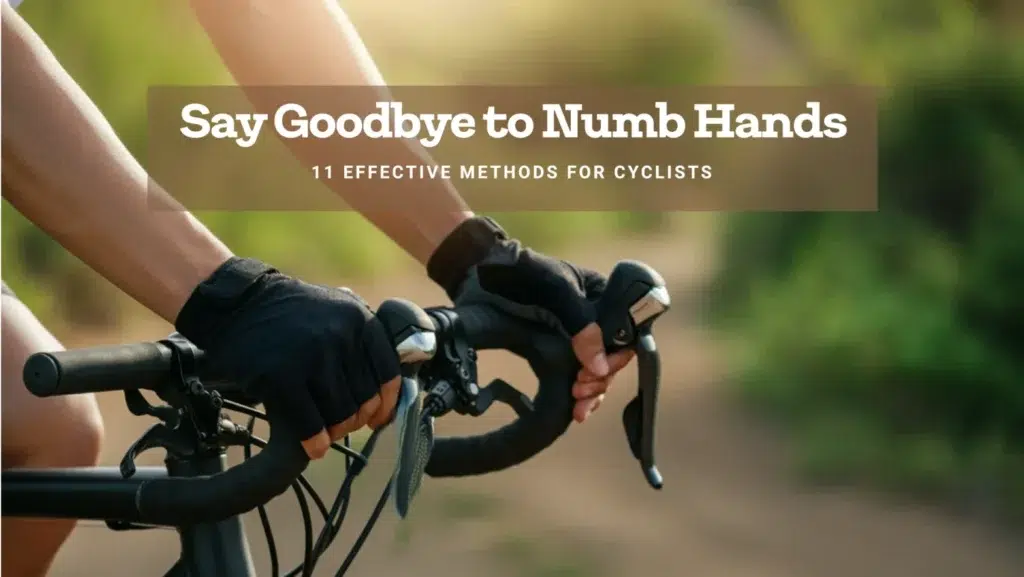 A cyclist shaking out their numb hands during a ride