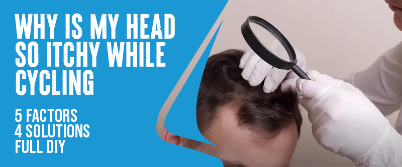 Cyclist adjusting itchy head under helmet