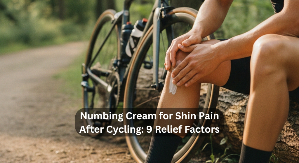Cyclist applying numbing cream to shin pain