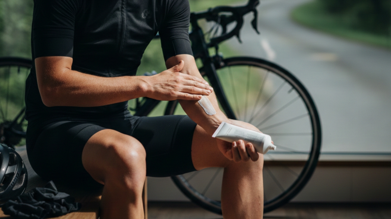 Cyclist applying unsafe numbing cream before ride