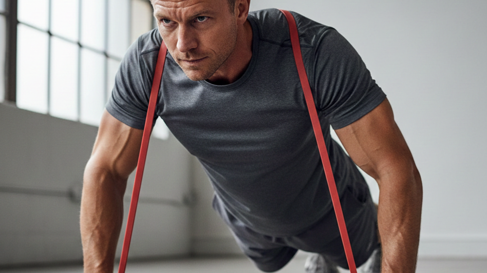 Man performing banded push-up with resistance band across upper back