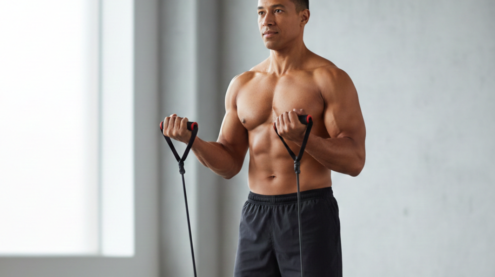 Standing resistance band biceps curl with controlled form