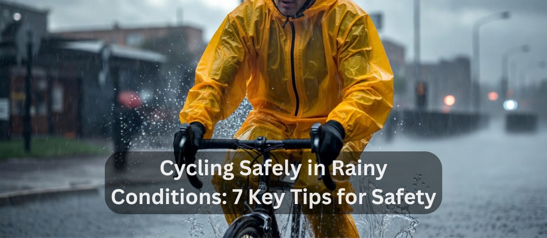 Cyclist riding safely in rainy weather