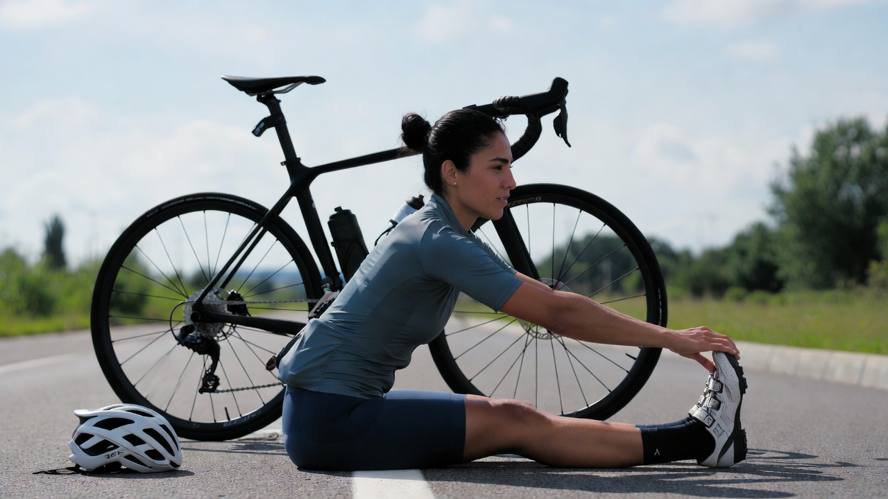 Cyclist stretching legs on rest day