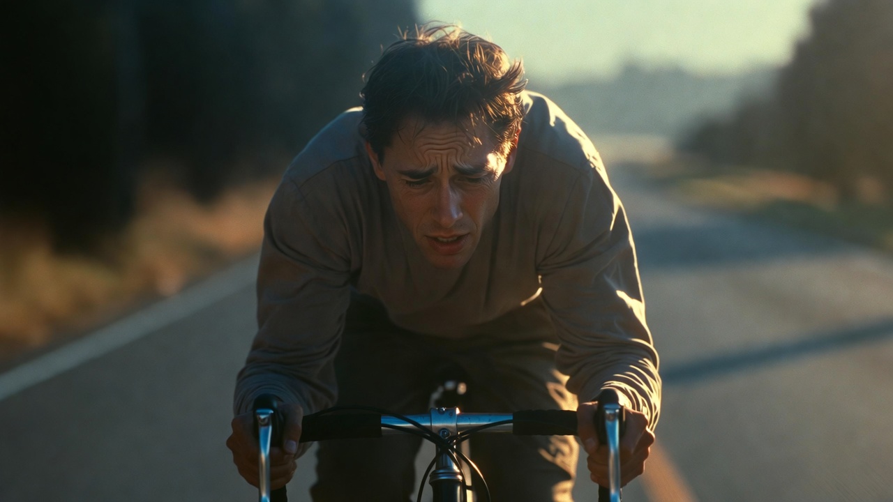 Tired cyclist struggling with alertness on the road