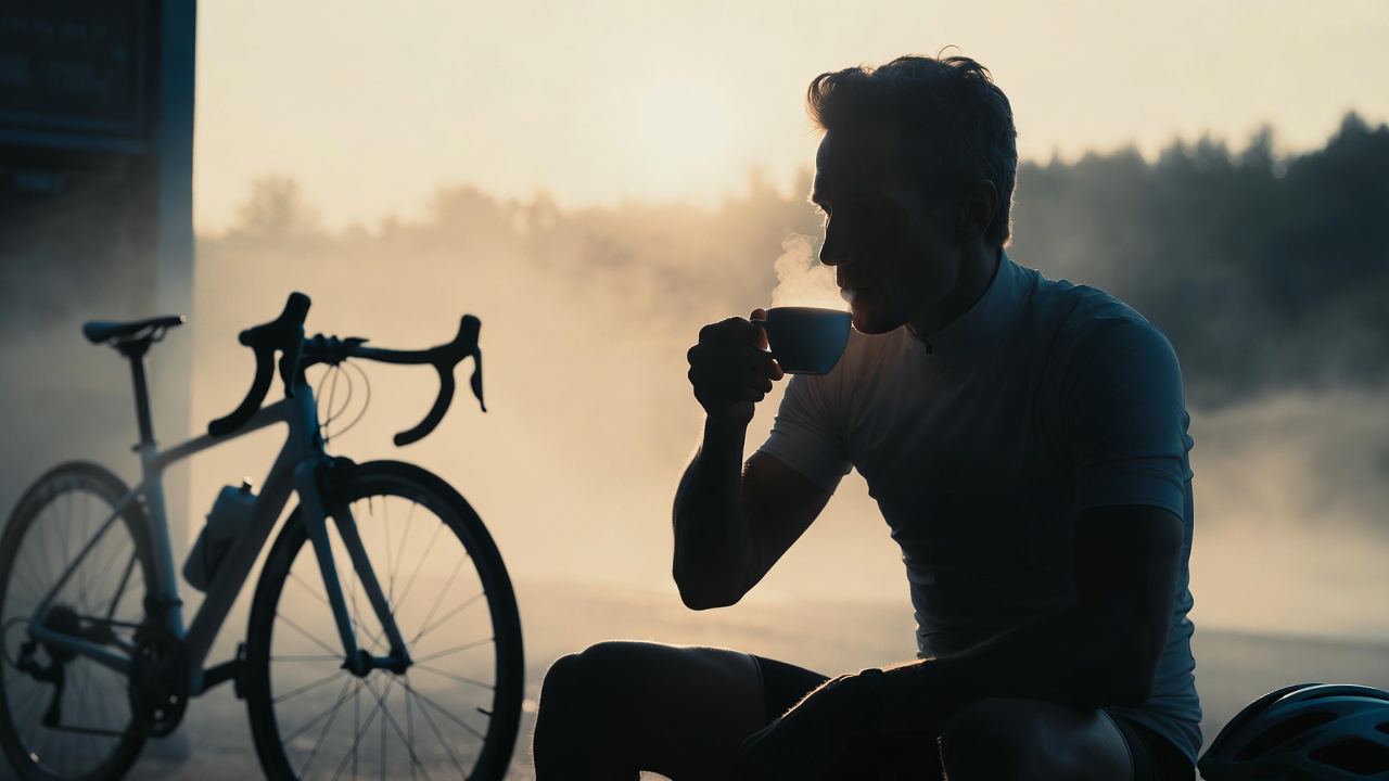 Cyclist drinking coffee before a long ride
