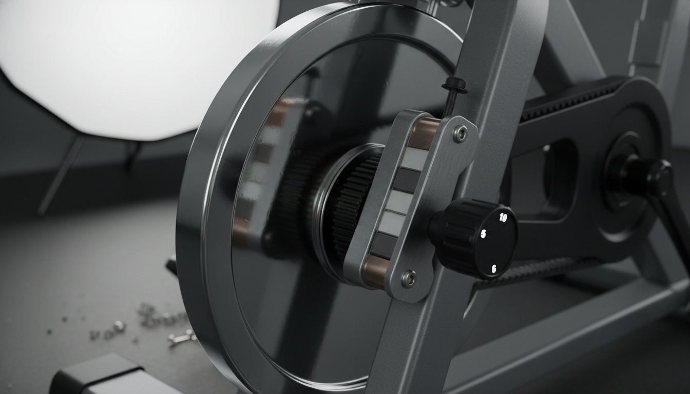 Close-up of a high-quality exercise bike flywheel and magnetic resistance mechanism