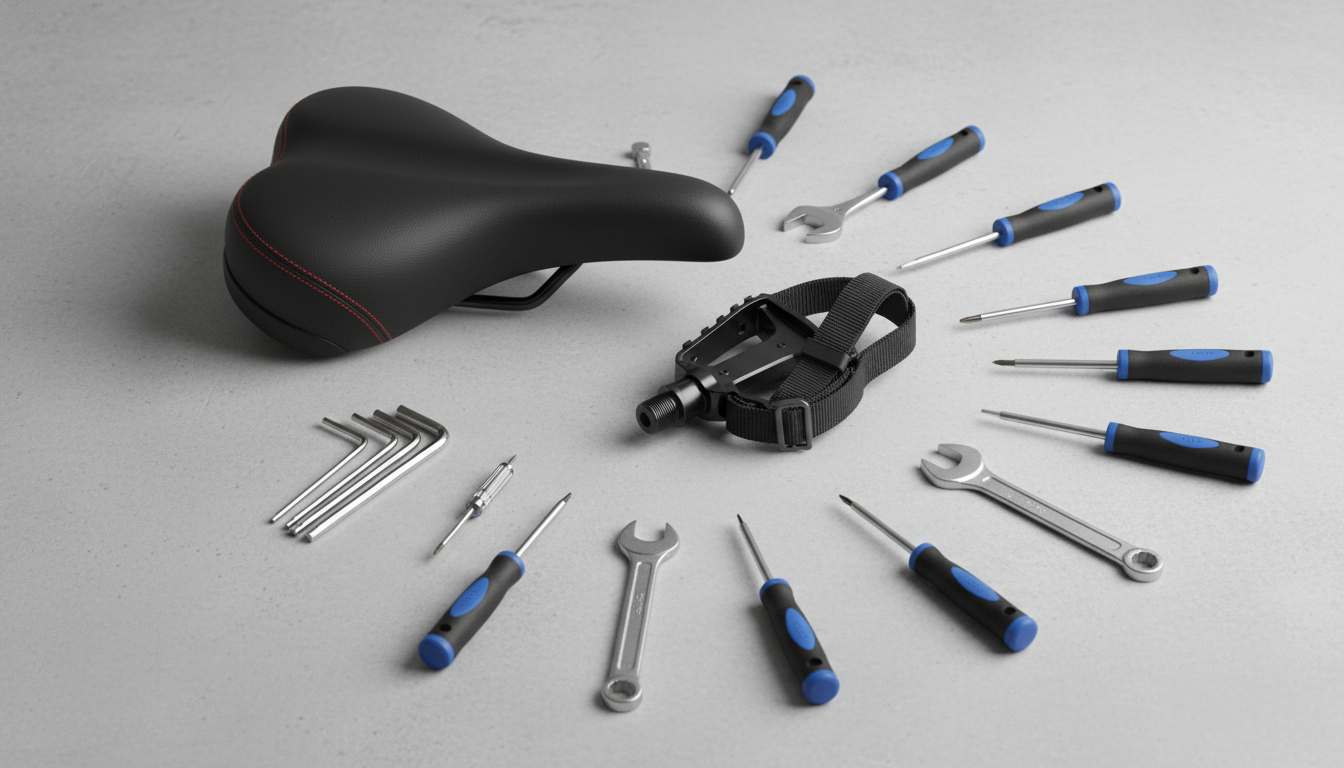 Components of an exercise bike including seat and pedals for a buying guide
