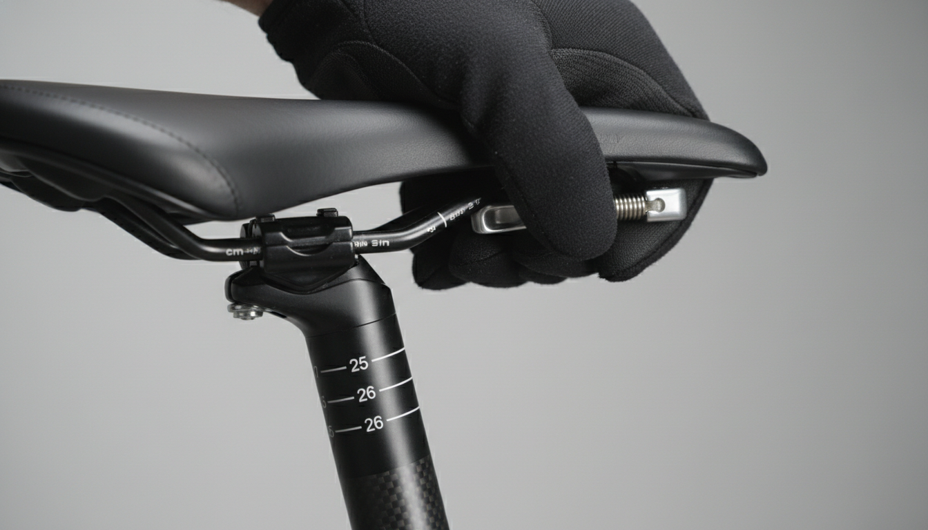 A hand adjusting the seat height on a stationary bike for proper fit