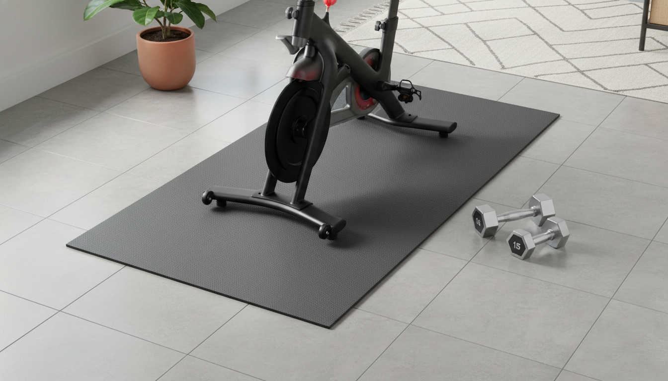 A professional home gym setup showing a bike base on a protective floor mat.