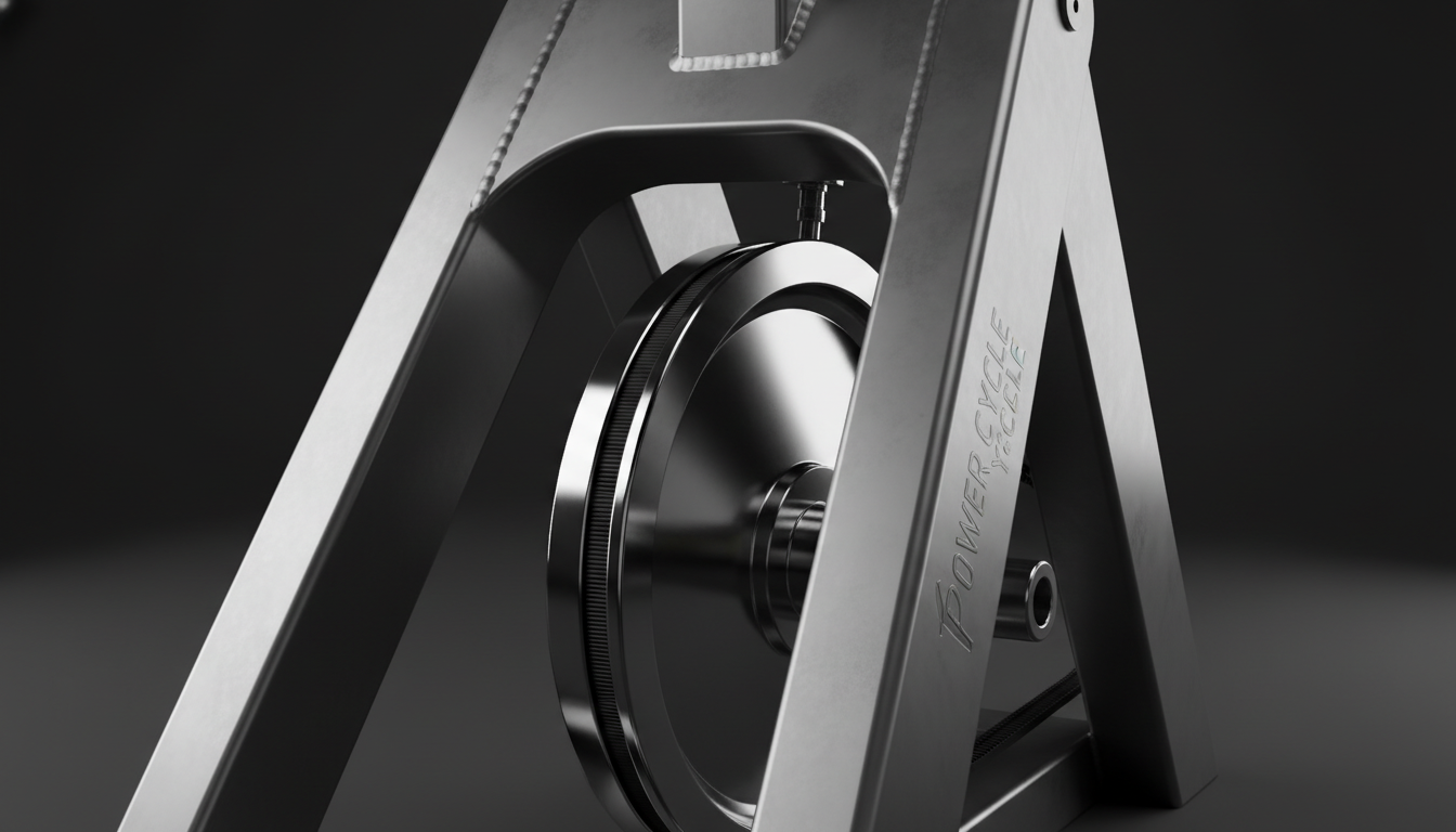 Close-up of a high-quality alloy steel bike frame and flywheel