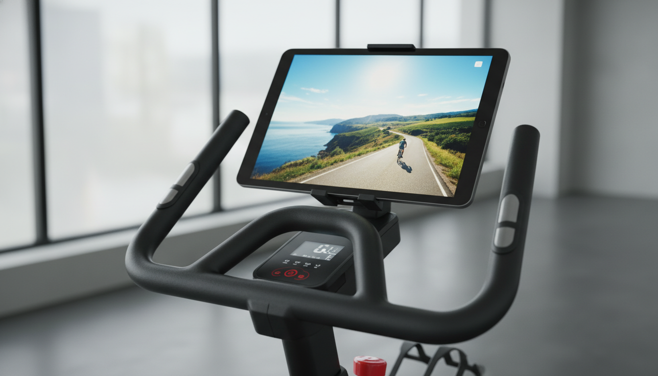 A tablet mounted on a bike showing a virtual cycling application