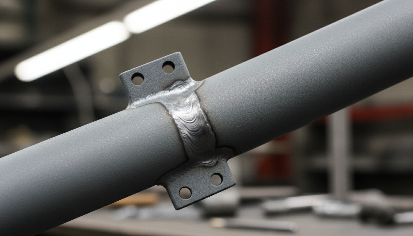 A macro shot of the high-quality welding on an alloy steel bike frame