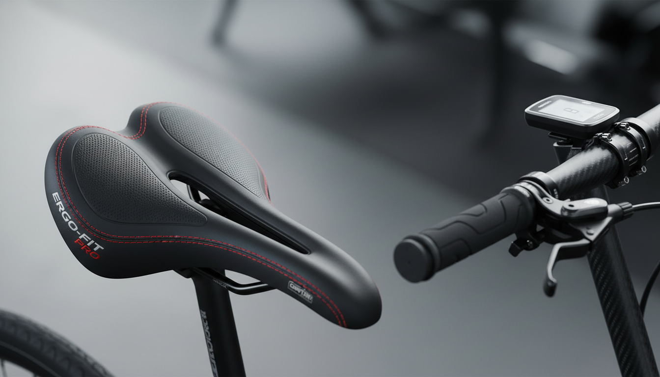 A close-up of a padded exercise bike seat and ergonomic handlebars