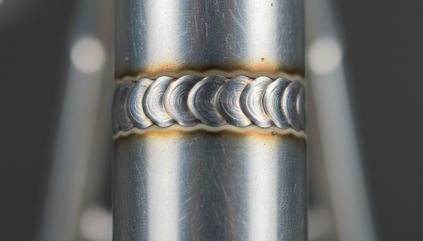 Macro view of high-quality weld joints on a professional bicycle frame.