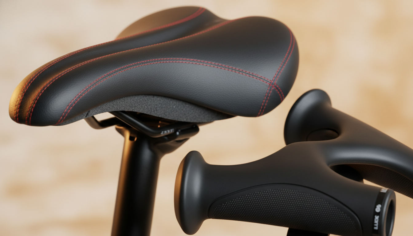 Close-up of a comfort-focused bicycle saddle and ergonomic handlebar grips.