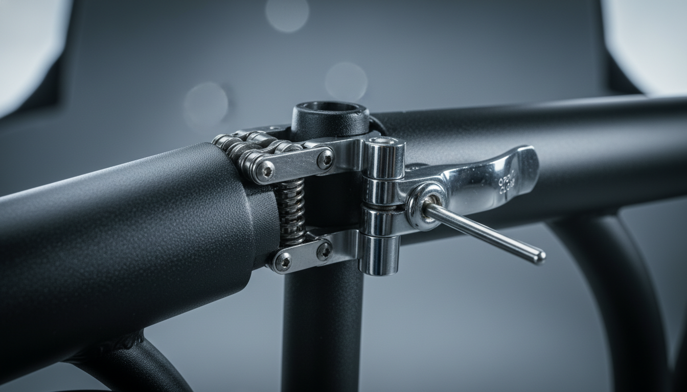 Close-up detail of a professional bicycle folding mechanism and locking latch.