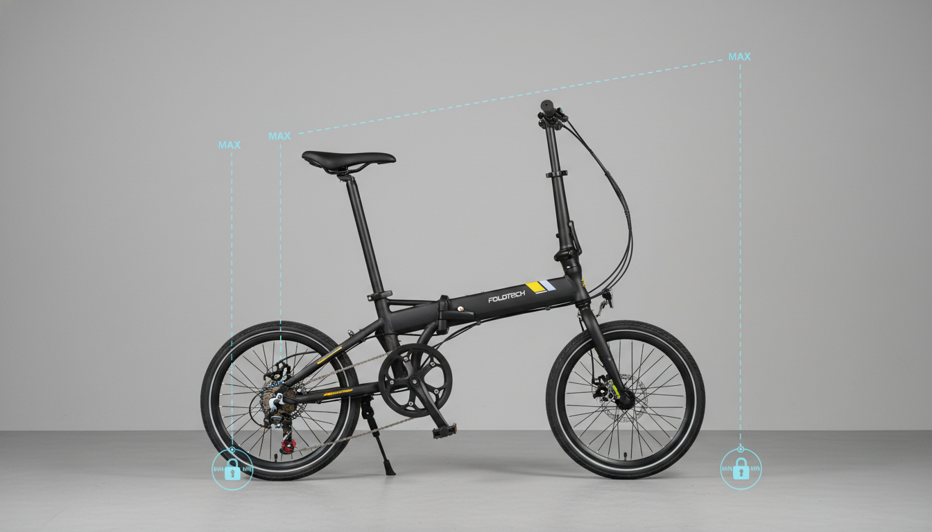 A folding bike illustrating the adjustable height of the seat and handlebars.