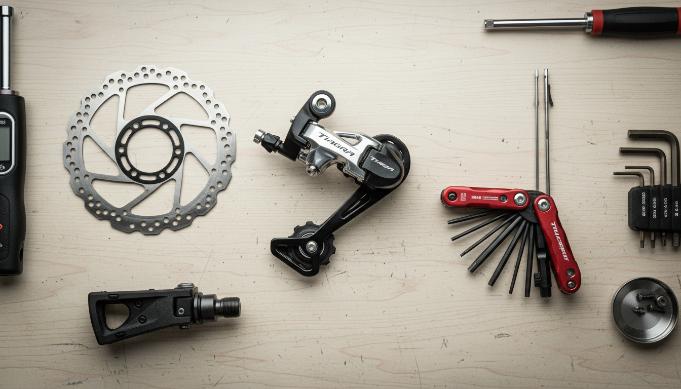 A collection of high-quality folding bike components and tools for a buying guide.