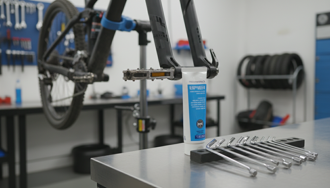 Professional tools and setup for mountain bike assembly.