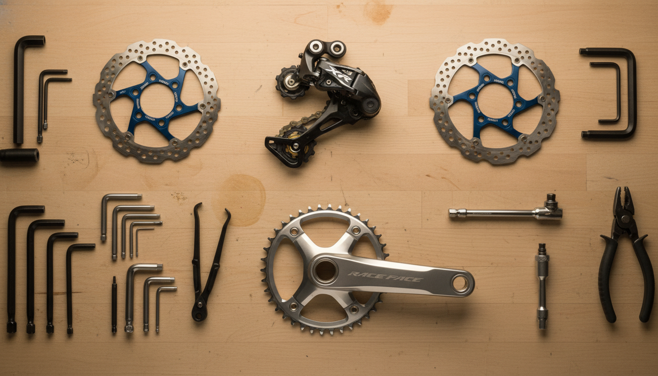 High-quality mountain bike components and tools arranged on a workbench.