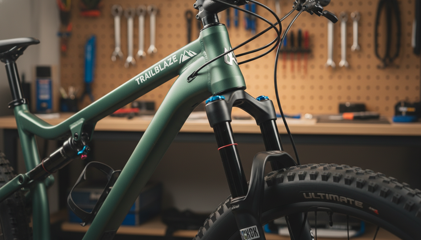 Close-up of a mountain bike frame and front suspension fork in a studio.