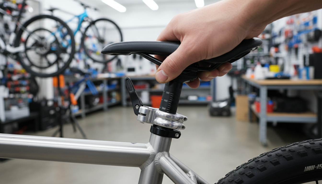 Adjusting the seatpost on a mountain bike for a proper fit.