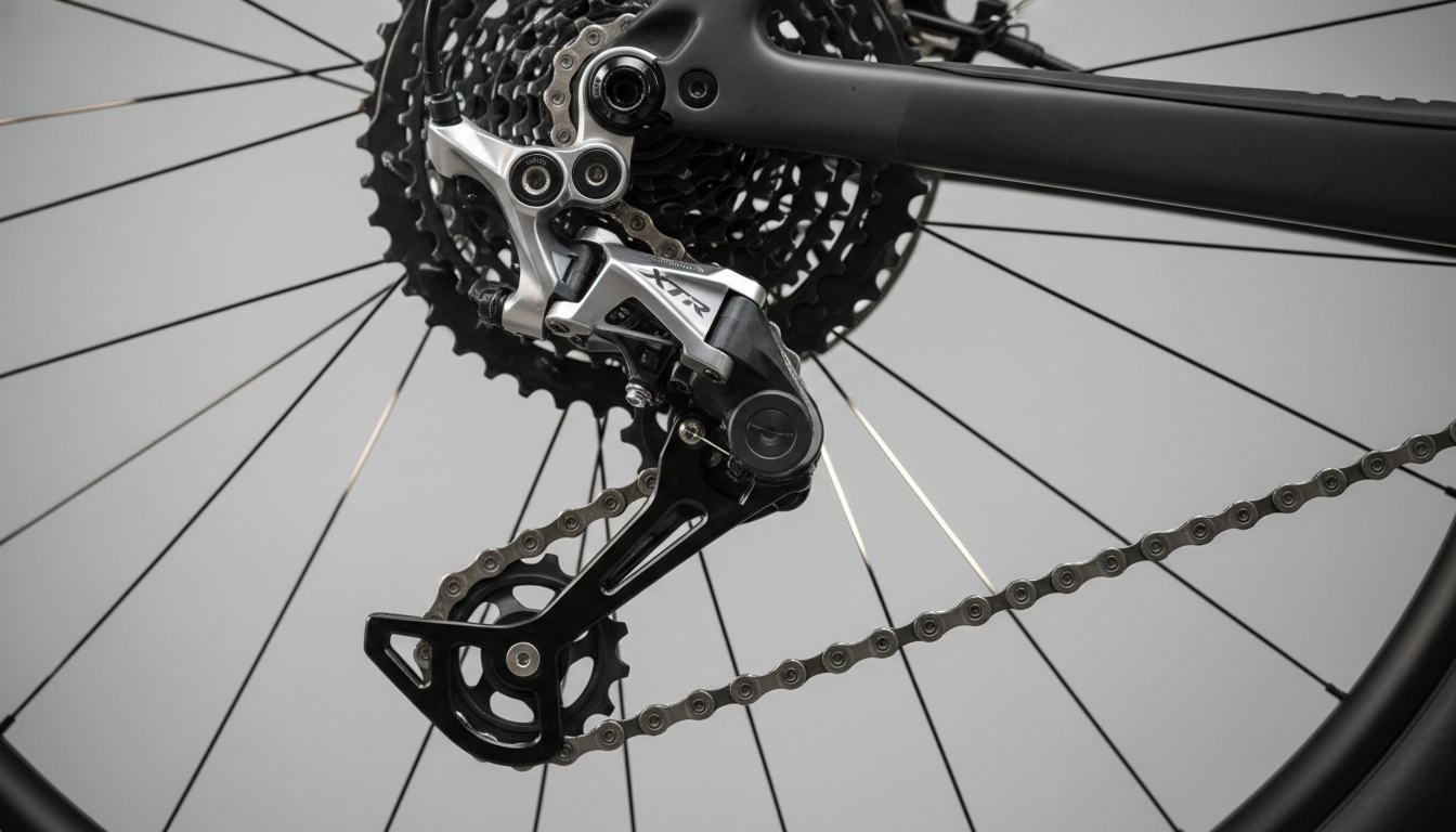 Macro shot of a high-quality Shimano rear derailleur.