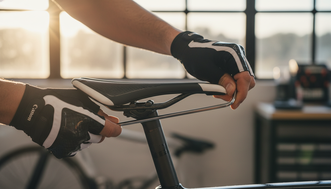 A person adjusting the tilt of a bicycle saddle with a tool.